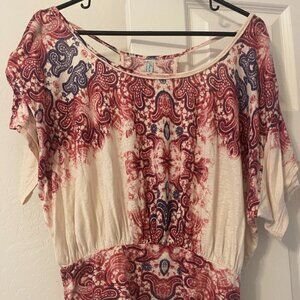 Free People Cut Out Back Top Dolman Sleeves Lightweight Cream with Print Sz S